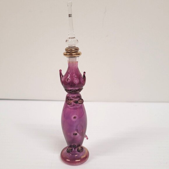 Perfume Bottle Vintage Egyptian Hand Blown Purple Gold Accents Stopper 6'' - Picture 1 of 7